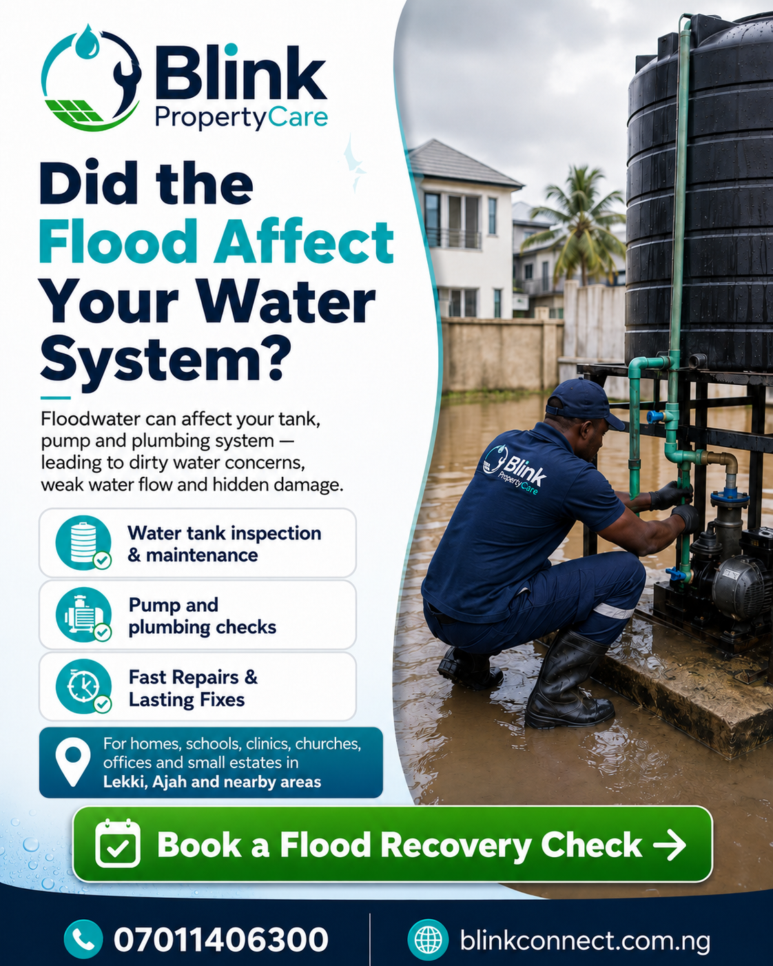 Flood recovery check for a water tank, pump and plumbing system